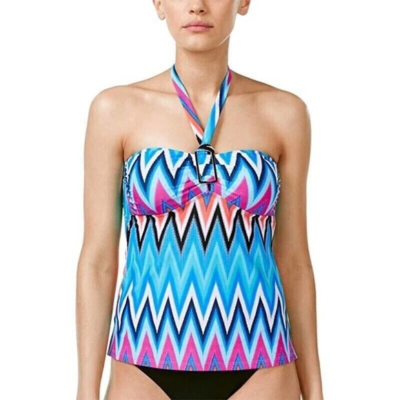 Island Escape MULTI Ladies Chevron‎ Crush Printed Halter Tankini Swim Top Size 8 - Picture 1 of 2